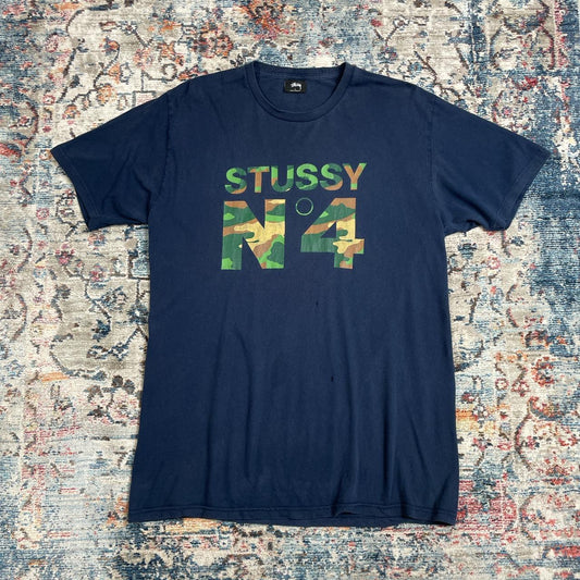 Vintage Stussy No.4 Navy Blue 8 Ball Spellout Print Tee