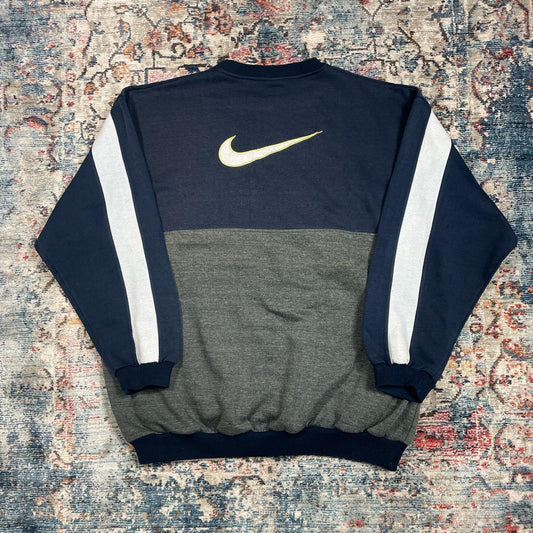 Vintage Nike Navy and Grey Large Embroidered Swoosh Sweatshirt