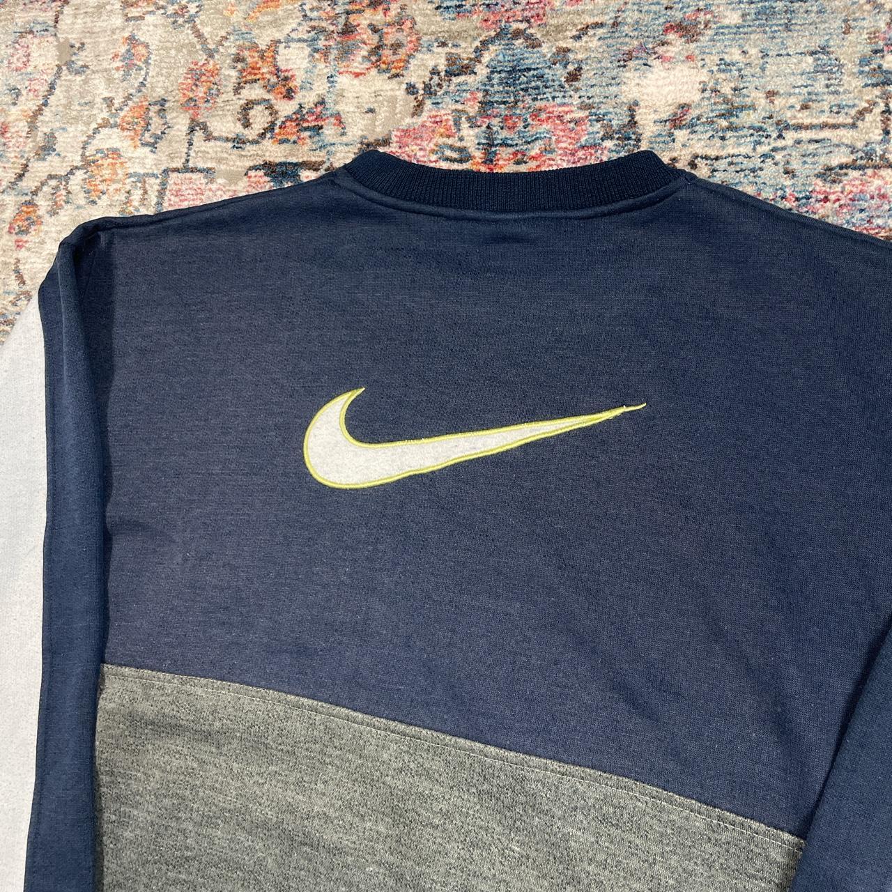 Vintage Nike Navy and Grey Large Embroidered Swoosh Sweatshirt